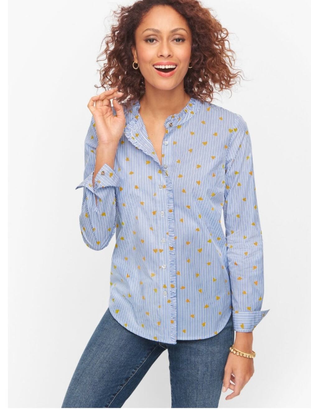 Talbots Plus 2X Blue Stripe Gold Heart Cotton Button Down Preppy Blouse